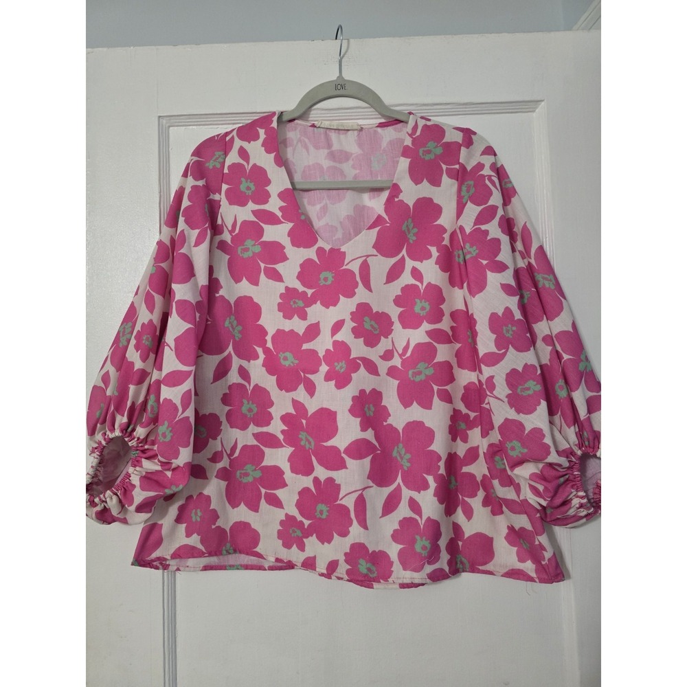 Vine & Love Women Balloon‎ Sleeve Floral Peasant Top Small Mod Retro Hippie Pink